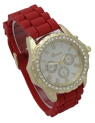 Geneva Gold Women Watch Rhinestone on Bezel Silicon Rubber Band