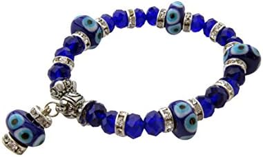 Evil Eye Stretch Charm Bracelet with Navy Blue Murano Glass Beads and Zircon Crystals