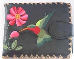 Hummingbird and Flowers embroidery wallet Black Medium