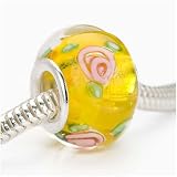 Murano Style Glass Lampwork Bead Fits Pandora Yellow With Rose 14mm (1)