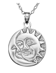 925 Sterling Silver Sun & Crescent Moon Faces Pendant Necklace