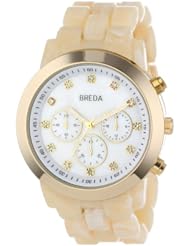 Breda Womens 2307-Horn/Gold "Brooke" Oversized Bezel Mother-Of-Pearl Dial Rhinestone Hour Markers Plastic Band Watch