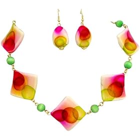 Hot Pink Red Color Dot Square Beaded Bead Necklace Earring Set Fashion Jewelry 18