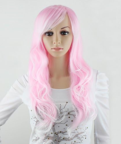 WY Blue Sky 22inch Pink White Mixed Highlights Long Full Natural Curly Wave Lolita Synthetic Cosplay Wig for Women with Side Swept Bangs Fringe Vogue + Free Wig Cap