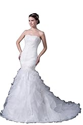 Strapless  Applique Fitted Organza Mermaid  Dress with a Chapel Train  With Ruffles