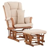Stork Craft Custom Tuscany Oak Finish Glider and Ottoman with Free lower lumbar pillow, Beige Cushions