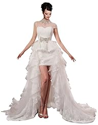 Beaded Crystal  Lace High-Low-Hem  Cap Sleeves Sleeveless  Ball Gown Wedding Dress  With Ruffles