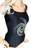 Ladies Plus Size Tummy Control Black Swimsuit Swimming Costume with silver studded swirl in womens sizes 16 - 30 (16)