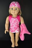 Pink One Piece Swim Suit in Pink with White Floral Design Complete with Towel and Swim Cap Designed for 18 Inch Doll Like the American Girl Dolls