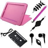 GTMax Hot Pink Leather Cover Case with Stand + 3.5mm Retractable Cable + 3.5mm Cassette Tape + Microphone Headset + Universal Stylus with Flat Tip For HP TouchPad Tablet (FREE Gift Black Fishbone Headset Wrap Included)