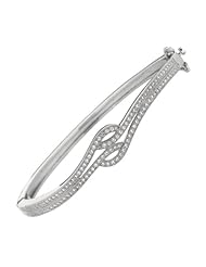 Silver Rhodium Plated Polish 7.50" 3.75mm Clear Micropave Cubic Zirconia Round Fancy Top Bangle With Side Clasp