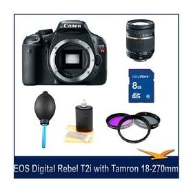 EOS Digital Rebel T2i SLR Camera Body. Kit Includes Tamron 18-270mm f/3.5-6.3 DI II VC LD Aspherical Lens, 58mm UV, Polarizer & FLD Deluxe Filter kit (set of 3 + case), 8 GB Memory Card, Professional Blower - Dust Removal system, & Lens Cleaning Kit.