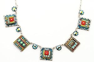 Adaya Ethnic Style Necklace Set with Hand Painted Ornamented Square Links Enhanced with Alpaca, Beads and Swarovski Crystals; Handmade in Israel