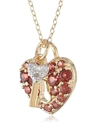 18k Yellow Gold Plated Sterling Silver Garnet and Diamond Accent Heart Lock and Key Pendant Necklace , 18"