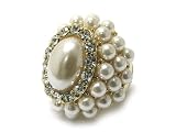 White Faux Pearl Beads and Crystal Stretch Fashion Ring