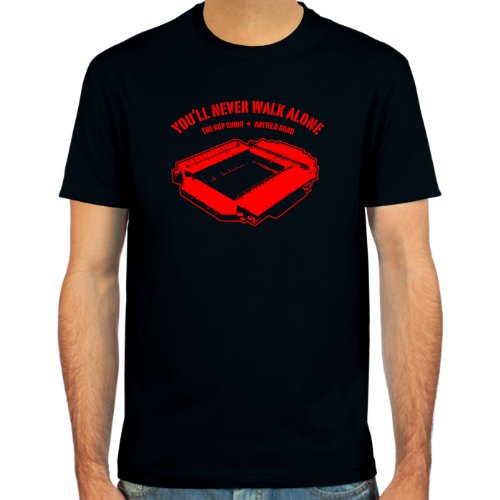 T-Shirt Anfield Road, Liverpool ::: Farbauswahl: schwarz, oliv oder navy ::: Größen: S-XL ::: Fußball-Kult