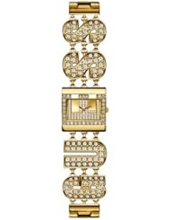 Guess Womens Crystal Accented LOGO Glam Gold Tone Stainless Steel Bracelet Watch W11616L1