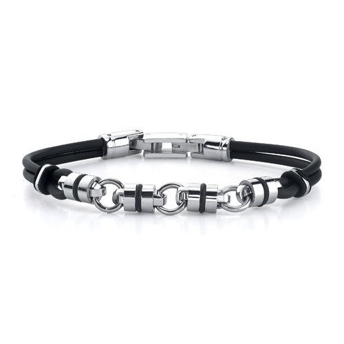 Childrens Toyshop  Jewelry : Handsome style: Stainless Steel Barrel Link Dual Rubber Cord Bracelet for Men