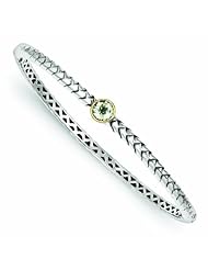 Sterling Silver with 14k Gold 6mm .88 Green Amethyst Bangle Bracelet - Antique Boutique - Vintage Style - Jewelry