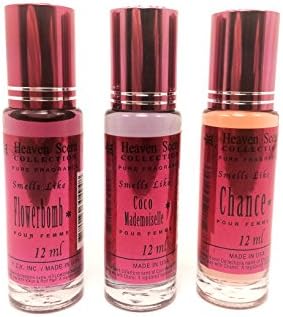 Heaven Scent Oil Perfume for women; Impression of Famous Designers in a Glass Roller Bottles 12ml, each (3 Piece Bundle Set; FL0WERB0MB_C0C0MADAM_CHANCE_PERFUME TYPE OILS)