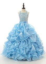 Girls Crystal  Sequined Lace  Floor Length  Ball Gown Pageant Dress  With Ruffles
