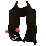 Winter Hand Knit Kitty Animal Face and Tail Long Scarf Shawl Ski Hat with Pockets