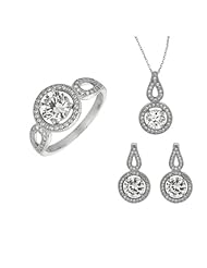 BRI Jewelry Sterling Silver 1 Large Cz W/ Clear Micropave Cubic Zirconia Set - Pendant - Earring - Ring Size 7