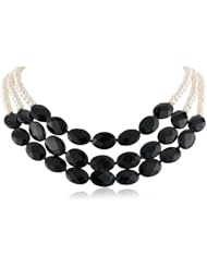 Three-Row Black Onyx and White Freshwater Cultured Pearl (5-5.5mm) Necklace, 18"