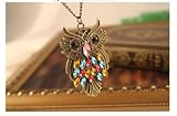 Antique Alloy with Colour Crystal Owl Long Prendant Necklace~*~