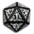 1 (One) Single d20 - Q-Workshop: Carved Elvish / Elven d20 Dice / Die (Black & White)