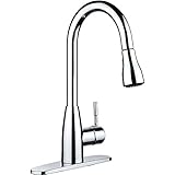 F04 1-hole or 3-holes Plastic Pull-down Kitchen Sink Faucet with Deck Plate; 1- handle Kitchen Faucet; Excellent Finish, Nylon Hose, and Docking System, Chrome