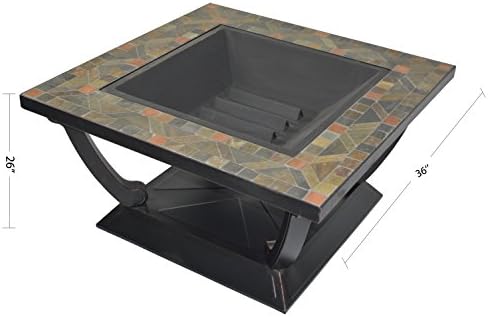 HIO 36-Inch Square Wood Burning Marble & Slate Table Wood Burning Fire Pit With Cover For Backyard And Patio