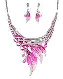 Silvertone Pink Leaf Statement Necklace and Earrings Set Fashion Jewelry
