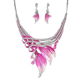 Silvertone Pink Leaf Statement Necklace and Earrings Set Fashion Jewelry: Jewelry