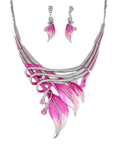 Silvertone Pink Leaf Statement Necklace and Earrings Set Fashion Jewelry Silvertone Pink Leaf Statement Necklace and Earrings Set Fashion Jewelry