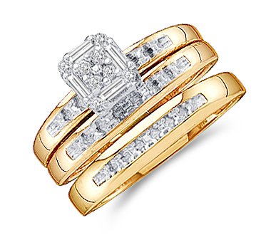 Diamond Engagement Rings Set Wedding Yellow Gold Men Ladies .10ct