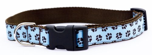 Large Blue/Brown Puppy Paws Dog Collar: 1" wide, Adjusts 18-28".