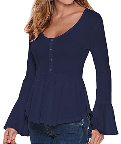Womens O Neck Shirts Bell Sleeve Peplum Tops