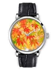 SPRAWL Aanalog Fashion Series Silver Ladies Watches of Genuine Black Leather Strap,Unique Wrist Watch for Women Girls Designed with Maple leaves