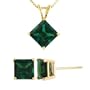 14k Yellow Gold 6mm Lab-Created Emerald Princess-Cut Pendant and Earrings Set, 18"