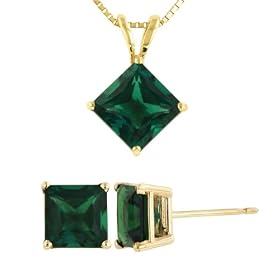 Buy 14k Yellow Gold 6mm Lab-Created Emerald Princess-Cut Pendant and Earrings Set, 18 by Amazon.com Collection