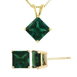 Buy 14k Yellow Gold 6mm Lab-Created Emerald Princess-Cut Pendant and Earrings Set, 18 by Amazon.com Collection