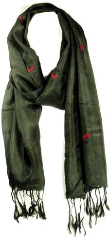 Flying Carpet Imports Women's Silk Prayer Scarf with Embroidered Flowers Fringe