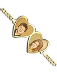 Double Hearts Photo Engrave Bracelet w/ Curb Chain - Available in Solid 14K Yellow Gold, 14K White Gold, and Genuine Sterling Silver