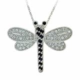 Black Genuine Sapphire and Simulated Diamond CZ DragonFly Silver Slide Pendant
