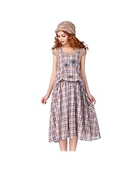 Vintage Cap Sleeves Round Neck Elasticized   Waistline Plaid Print Cotton  Dress