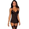Black Stretch Satin & Lace Garter Slip G-string 2 Piece Set