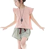 【TPGROWIN】 子供服 ブラウス ショート パンツ 上下 セット リボン フリル ベビー キッズ 女の子 かわいい 入園式 入学式 卒園式 綿麻 春 夏 全3色 (140, ピンク)