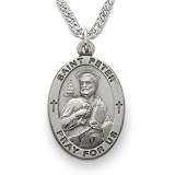 Sterling Silver 7/8" Oval Engraved St. Peter, Patron of Butchers, Bridge Builders Medal on 24" Chain