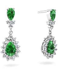 Created Emerald 14kt White Gold Dangle Drop Earrings